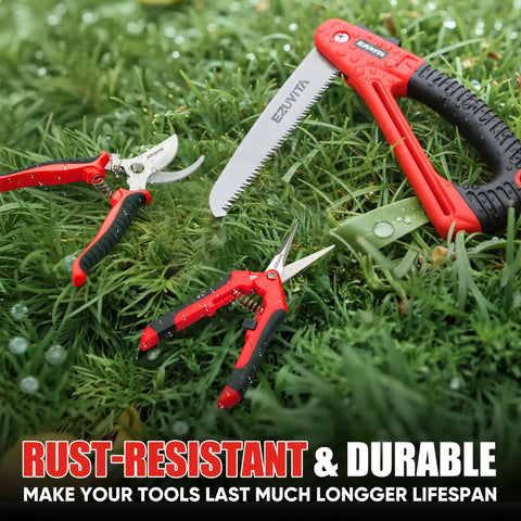 All In One 3 Piece Garden Tool Set With 7 Inch Folding Saw Pruner And Shears Stainless Steel Garden Scissors 2 Pack on grass