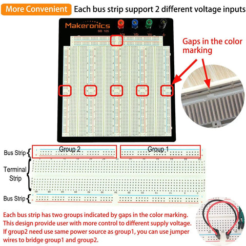 Solderless Breadboard Pro Kit With 3220 Tie Points, Aluminum Back Plate, diagram highlighting bus strip voltage support