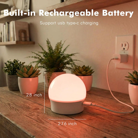 Rechargeable E26 Magnetic Detachable Light Bulb With Remote on table, showing USB-C charging, size dimensions, and battery description.