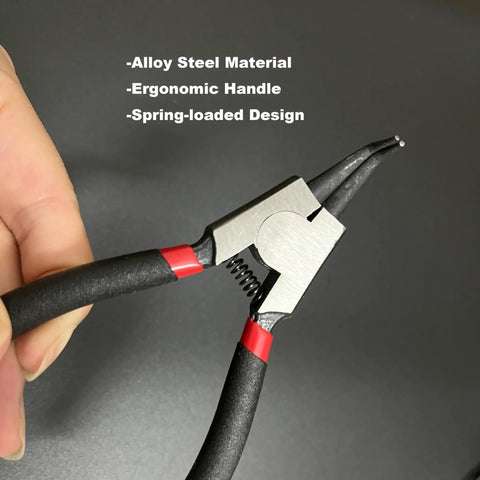 Close-up of 4 Piece Snap Ring Pliers Set Mini Internal And External Circlip Pliers With Straight And Bent Jaw, alloy steel, ergonomic handle.