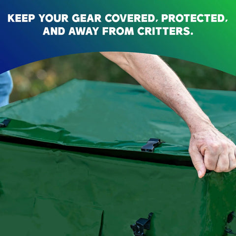 Person closing 76 Gallon Waterproof Outdoor Deck Box With Tough Tarpaulin Cover For All Weather Storage, secured with clips.