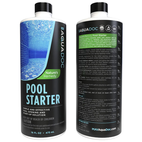 Front and back of Easy Breezy Pool Opening Kit With 16oz Enzyme Opener For Up To 15,000 Gallons, pool chemicals bottles
