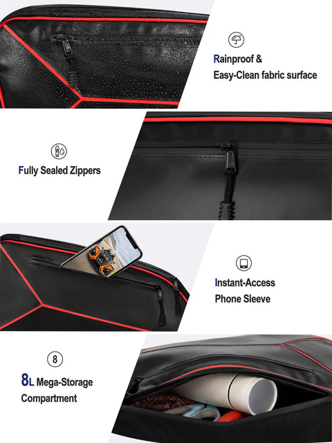 Close-up of Waterproof Side Door Storage Bags For Polaris Slingshot 2015 To 2023, Dual Compartment Organizer With SBS Zippers.