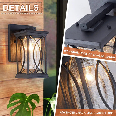 Outdoor Wall Lanterns With Dusk To Dawn Sensor Sleek Black Aluminum Exterior Light Fixture With Crack Like Glass Durable IP65 Waterproof Sconce For Porch