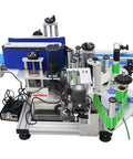 Lay Off The Manual Grind With This Automatic Round Bottle Labeling Machine Featuring A HighSpeed QuickPrint Encoder And Smooth Conveyor For 15 To 39 Inch Bottles on an angled view showing labeling components.