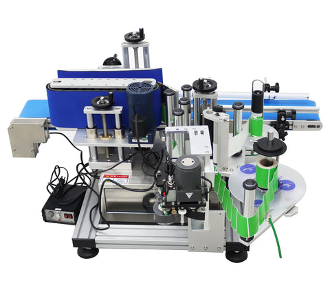 Lay Off The Manual Grind With This Automatic Round Bottle Labeling Machine Featuring A HighSpeed QuickPrint Encoder And Smooth Conveyor For 15 To 39 Inch Bottles on an angled view showing labeling components.