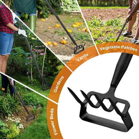 2 In 1 Garden Hoe With Stirrup Action And 4 Tine Cultivator Rake On A 74 Inch Handle for fast weeding, soil loosening, shown in use.