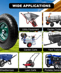 Airless Flat Free 4.00-6 Tire And Wheel Set For 13 Inch Wheelbarrows with various applications shown in images.