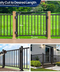 Collage showing 4 ft Aluminum Deck Gate Kit for 36 in high railings, anti-sag design, with auto-closing hinge and latch.