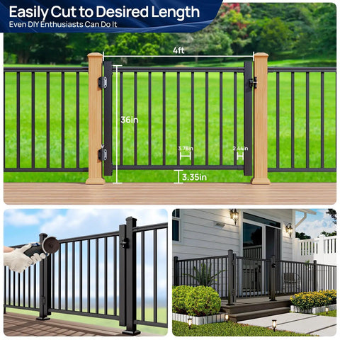 Collage showing 4 ft Aluminum Deck Gate Kit for 36 in high railings, anti-sag design, with auto-closing hinge and latch.