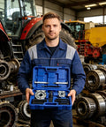 Thinking Process: 14-piece anti-slip bearing puller kit in blue case held by mechanic in workshop