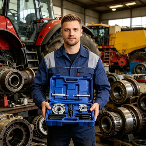 Thinking Process: 14-piece anti-slip bearing puller kit in blue case held by mechanic in workshop