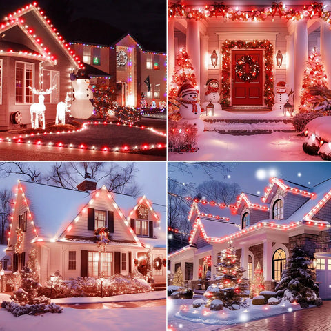 Festive houses decorated with Go-To Outdoor Weatherproof String Lights With End-To-End Connectable 25 Ft String, 25 Clear C9 Bulbs