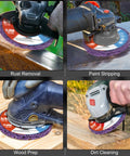 Heavy Duty Six Pack Stripping Discs For Angle Grinder in use, showcasing rust removal, paint stripping, wood prep, and dirt cleaning.
