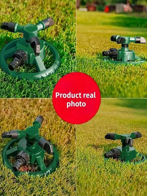 360 Degree Automatic Rotating Sprinkler with 3 Nozzles Easy Setup, adjustable garden water spray on grass and lawn