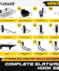 40 Piece Slatwall Organizer Kit With Hooks Shelves Baskets Bins Cups And Straps Plus Mounting Screws For Heavy Duty Garage Workshop And Utility Room Storage