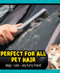 Hand using Pro Rubber Pet Hair Removal Brush for Cars Trucks SUVs RVs And Home Multi Surface Detailing Tool on upholstery removing pet hair