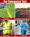 Grab and Go Roadside Emergency Kit for Cars and SUVs, Compact Portable Vehicle Safety Gear with Tow Rope, Triangle, Vest, Raincoat
