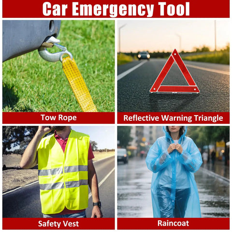 Grab and Go Roadside Emergency Kit for Cars and SUVs, Compact Portable Vehicle Safety Gear with Tow Rope, Triangle, Vest, Raincoat