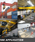 HONYTA magnetic lifter attached to a yellow overhead crane lifting steel plates in an industrial warehouse.