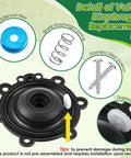 Irrigation valve diaphragm replacement kit with black housing, spring, screws, blue solenoid filter, and diaphragm filter (4-pack).