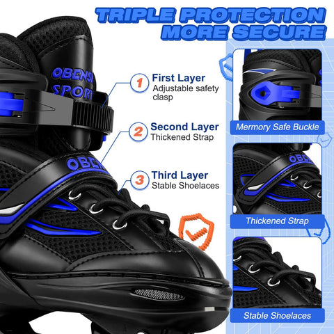 Adjustable Kids Inline Skates For Boys And Girls Aged 4 To 12 With Lit Up Wheels, triple protection layers detail view.