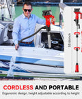 Man using Cordless Stick Water Transfer Pump With Two 4.0Ah Batteries And Charger 740 GPH Flow 33 Ft Head Telescoping Pole Handheld Portable Sump Pump Kit for draining boat.