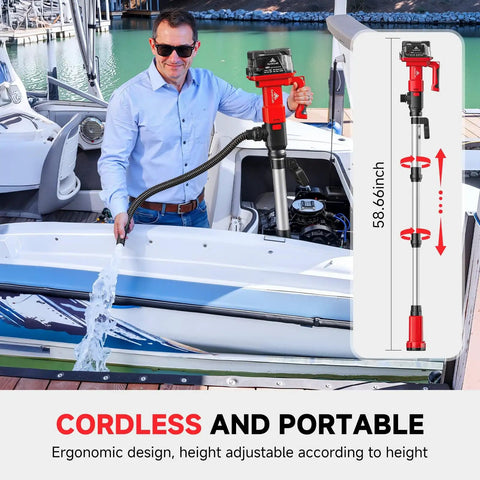 Man using Cordless Stick Water Transfer Pump With Two 4.0Ah Batteries And Charger 740 GPH Flow 33 Ft Head Telescoping Pole Handheld Portable Sump Pump Kit for draining boat.