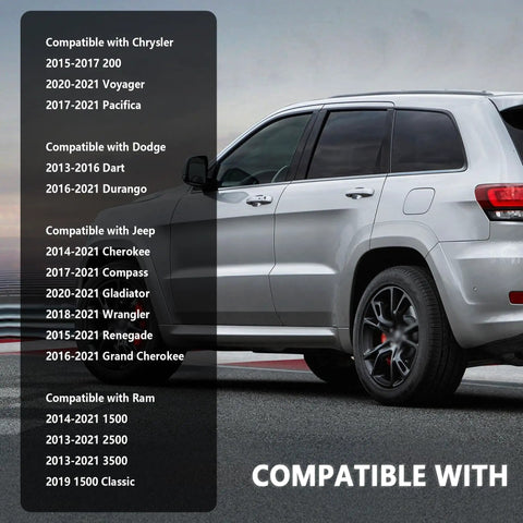 Rear side view of a Jeep with vehicle compatibility list for Radiator Cap Replacement For Chrysler Dodge Jeep Ram OEM 53479332AA 68442532AA.