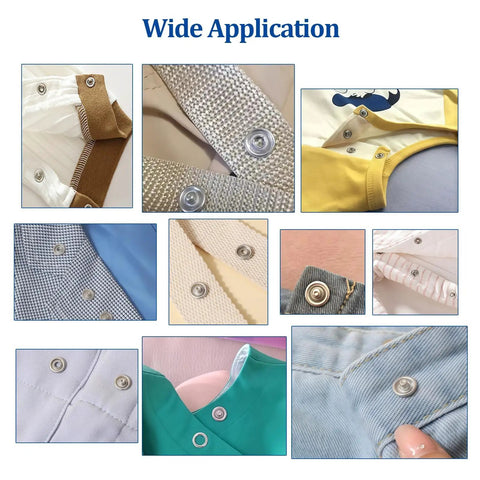 200 Sets Snap Button Kit With 10 Colors Metal Snaps Pliers And Fastener Parts shown on various clothing materials