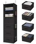 Six Shelf Hanging Closet Organizer With Five Drawers And Three Pockets Two Hooks Foldable Wardrobe Storage For Clothes And Accessories Non Woven Fabric Black in use with items displayed