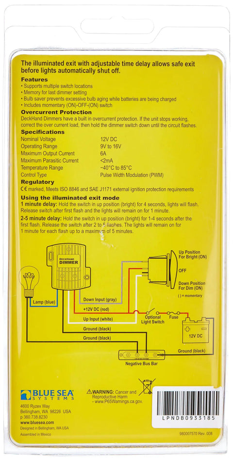 Back packaging of Deckhand Dimmer Switch 6A 12V Marine Lighting Dimmer, showing wiring diagram and specifications.