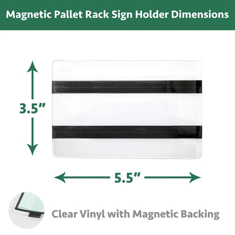 Heavy Duty Magnetic Pallet Rack Sign Holder, 25 Pack Vinyl Label Sleeve With Side Opening, dimensions 3.5 by 5.5 inches.