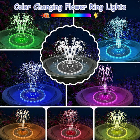Colorful Ring Lights Solar Fountain 3.5W Water Pump With 2000mAh Battery Auto Night Lights Bird Bath Pond Pool Outdoor Decor