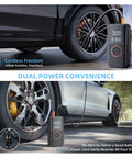 Cordless Car Tire Pump With 150 PSI, Dual Power 12V DC And 5400mAh Battery inflating car tire with digital display