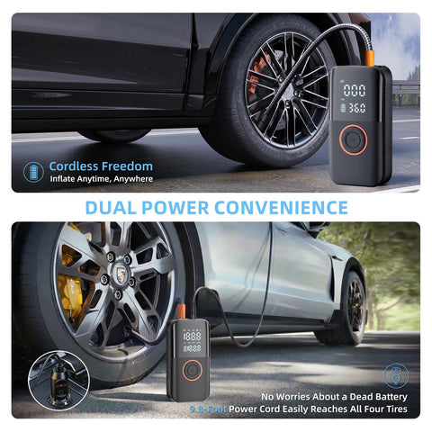 Cordless Car Tire Pump With 150 PSI, Dual Power 12V DC And 5400mAh Battery inflating car tire with digital display