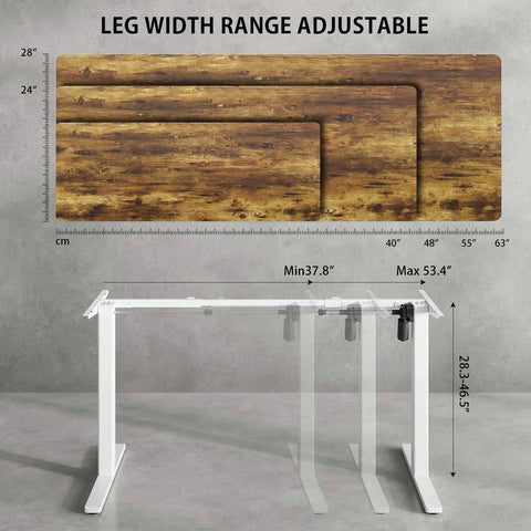 Gamork Electric Standing Desk Frame For 40 To 63 Inch Tabletops with adjustable leg width range and height specifications.