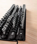Portable Socket Organizer Tray holds up to eighty sockets including clips for one quarter three eighths and half inch sizes on wooden table