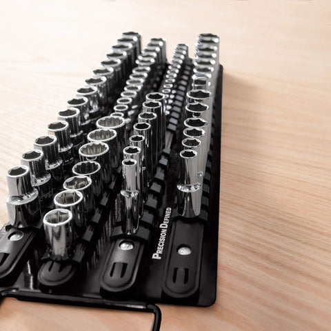 Portable Socket Organizer Tray holds up to eighty sockets including clips for one quarter three eighths and half inch sizes on wooden table