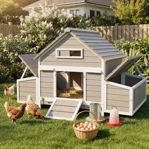 Spacious Wooden Chicken Coop With Six Nesting Boxes And Pull Out Tray For Four To Six Chickens, Weatherproof Open Roof, garden view