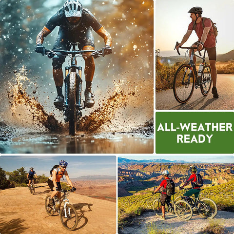 Cyclists using Universal 70mm V Brake Pads Set For Mountain Cruiser Road BMX Hybrid Bikes With Allen Wrench in various terrains.