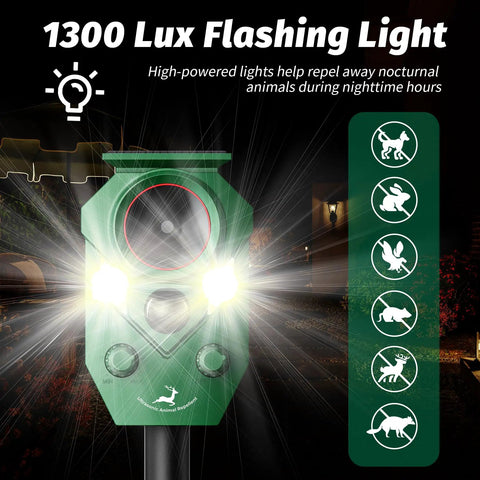 Solar Powered Ultrasonic Animal Repellent With Motion Sensor For Outdoor Yards And Gardens, LED Flashing Lights To Deter Deer Coyotes Raccoons And Cats, Humane Yet Effective Pest Deterrent For A Peaceful Pet Safe Yard. 1300 Lux flashing light
