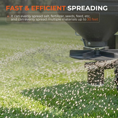 ATV Broadcast Spreader Attachment with 150Lb Poly Hopper 12V Motor 30 Foot Spread distributing material on grass