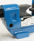 Close-up of Rugged Dieless Lug Crimp Tool for 8 AWG to 4/0 cables, showing adjustable black oxide ram and blue finish
