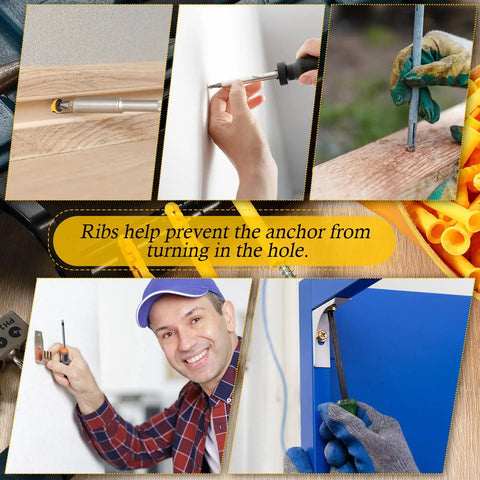 200 Piece Yellow Drywall Anchors Kit In 5 Sizes showing installation in various materials at home or office.