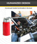Oil can, red metal pump with curved handle and nozzle beside a car engine