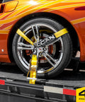 2 Inch Wide Lasso Style Car Tie Down Straps With Flat Hooks, 96 Inch Long, 4 Pack, securing orange car wheel on hauler
