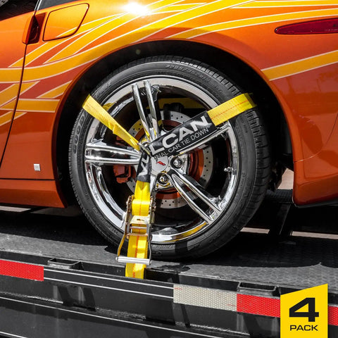 2 Inch Wide Lasso Style Car Tie Down Straps With Flat Hooks, 96 Inch Long, 4 Pack, securing orange car wheel on hauler