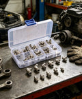 Top 45 Piece Grease Fitting Assortment Kit With M6 M8 M10 Zerk Nipples Featuring Angled And Straight Heads For Easy Access On Tough Car Repairs And Heavy Machinery Tune Ups, silver fittings in organizer box