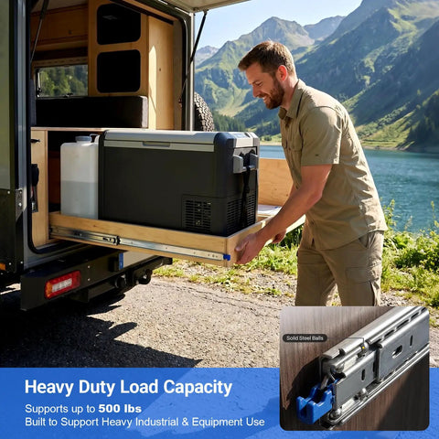 Heavy Duty 72 Inch Drawer Slides With 500 Lb Capacity, Full Extension, Lock-In Lock-Out, Side Mount Ball Bearing Rails For RV, Truck Bed, Trailer, And Pull-Out Tool Drawers; RV pull-out drawer in use